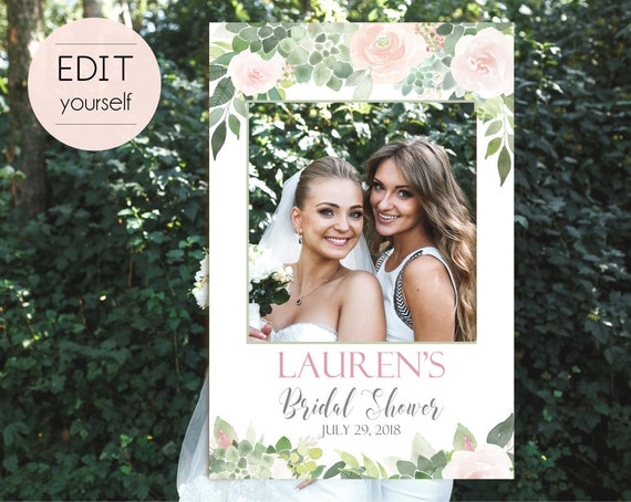 Bridal Shower Succulent Photo Booth Frame, Succulent Photo Prop Frame, Photo Booth Prop, Editable PDF, Succulent greenery Dusty Rose Floral