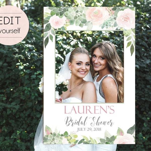 Bridal Shower Succulent Photo Booth Frame, Succulent Photo Prop Frame, Photo Booth Prop, Editable PDF, Succulent greenery Dusty Rose Floral