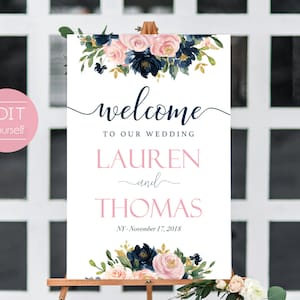 Welcome Sign Wedding Template, Editable PDF, Wedding welcome sign, Wedding welcome, Navy Welcome Wedding Sign, Dusty Rose Navy Blue Floral