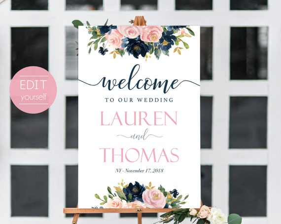 Welcome Sign Wedding Template, Editable PDF, Wedding welcome sign, Wedding welcome, Navy Welcome Wedding Sign, Dusty Rose Navy Blue Floral