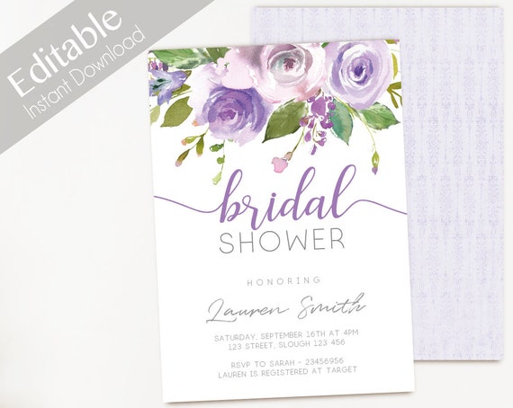 Bridal Shower Invitation, Editable Invitation, Bridal Shower Printable, Floral Bridal, lilac lavender watercolor, DIY Bridal Template, Corjl