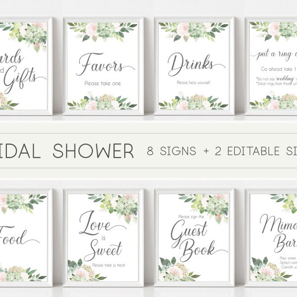 Bridal Shower Sign Set, Bridal Shower Sign Package Bundle,Printable Bridal Tea Sign Succulent Greenery Dusty Rose Flowers Sign Editable Sign