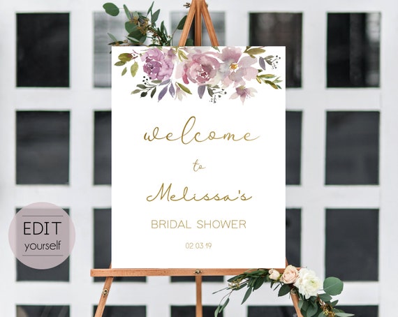 Welcome Sign Bridal Shower Template, Editable PDF ANY EVENT Bridal Baby Baptism Birthday Shower Sign, Mauve Rose, Pale Pink Purple Gold