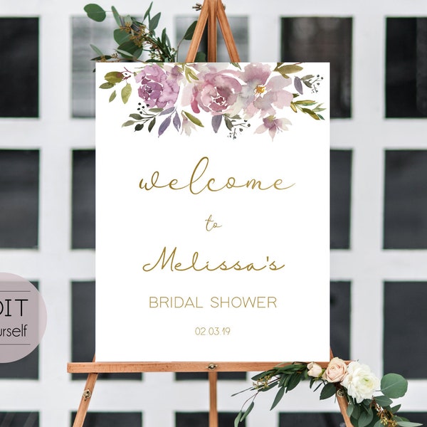 Welcome Sign Bridal Shower Template, Editable PDF ANY EVENT Bridal Baby Baptism Birthday Shower Sign, Mauve Rose, Pale Pink Purple Gold