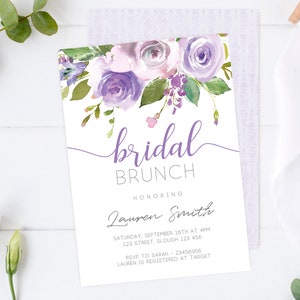 May include: Purple floral bridal brunch invitation with the text "bridal brunch" and "Lauren Smith" in a script font. The invitation includes the date, time, location, RSVP information, and registry details.