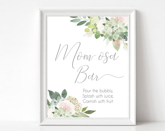 Mom-osa Bar Sign, Help yourself to a Mom-osa, Baby Shower Sign Printable, Succulent Dusty Rose Flowers, Baby Shower, Instant Download