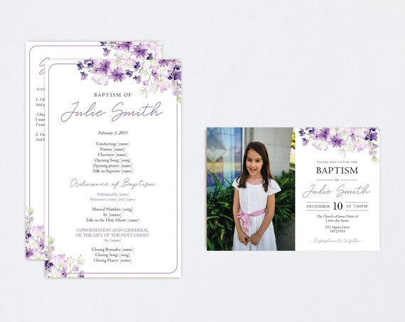 LDS Editable Baptism Program Invitation, Editable Purple Lilac flowers Program and Invitation, Girl Baptism, Baptism Program Template, Corjl