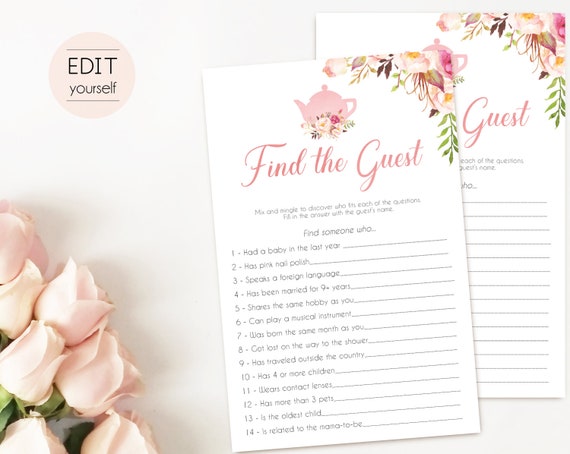 Bridal Shower Game Find the Guest Editable PDF Bridal Shower Romantic Blooms Rose Floral Gold , Editable Game, Find the guest, Bridal tea