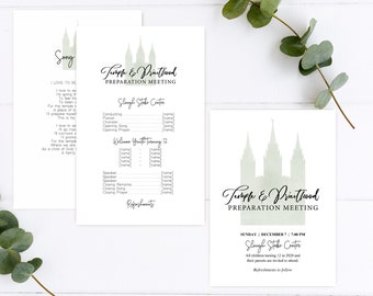 May include: A printable template for a Temple and Priesthood Preparation Meeting. The template features a green silhouette of the Salt Lake Temple and includes the text "Temple & Priesthood Preparation Meeting" and "Slough Stake Center".