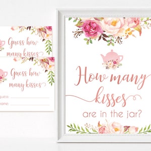 How many kisses are in the jar sign, Blush Bloom Pink Rose Gold Tea Pot, How many kisses cards and sign Bridal Tea How many kisses