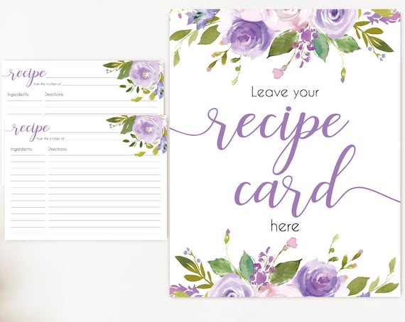 Recipe Cards Bridal Shower, Recipe Sign, Recipe Card Printable Lavender Lilac Flower, Lilac Recipe Card Floral INSTANT DOWNLOAD Printable