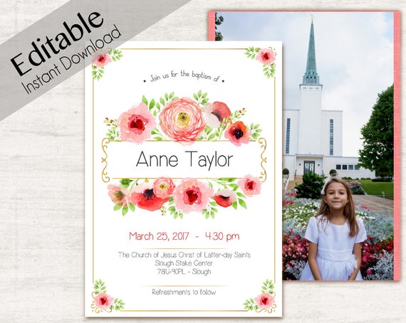 Baptism Invitation Girl, Editable PDF, Girl Invitation Coral watercolor, Baptism Invite, invitation double side, back side, Invite Template