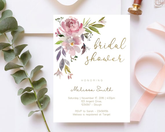 Bridal Shower Invitation, Editable Mauve Rose Bridal Shower invitation, Pale Pink Purple Violet Bridal Shower Invitation, Gold, Corjl