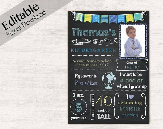 First Day of School Sign Card, First day of School Chalkboard Editable school, Chalkboard Sign, Kindergarten, photo School, INSTANT DOWNLOAD