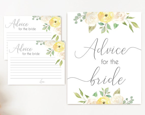 Advice Card Printable, Bridal Shower Advice Card, Advice for the bride and groom, Instant Download, Romantic Yellow white flower