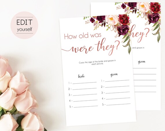 Bridal Shower Game How old was the bride and groom, Editable PDF Instant Download, Marsala Burgundy Blush and Rose Gold, Wedding Shower Game