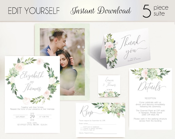 Wedding Invitation Template Succulent Greenery, with photo picture, Wedding Invite Set, Wedding Invitation Suite Succulents Greenery