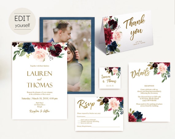 Wedding Invitation Template Navy, with photo picture, Wedding Invite Set, Wedding Invitation Suite Blue Navy Marsala Burgundy Blush Gold