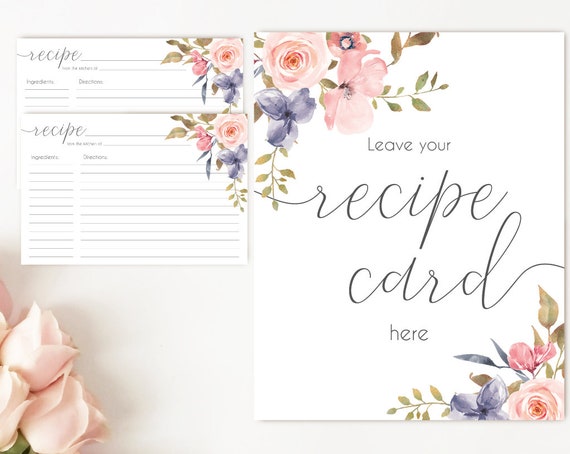 Recipe Cards Bridal Shower, Recipe Sign, Recipe Card Printable Blush Pink Floral Bridal Recipe Card Floral INSTANT DOWNLOAD Printable 4x6