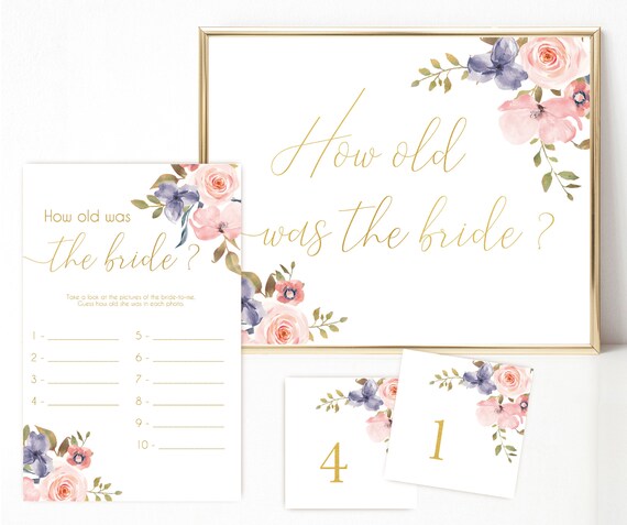 Bridal Shower Game How old was the bride, Instant Download, Blush Pink Blue Niagara Flowers, Guess the age of bride, Wedding Shower Game