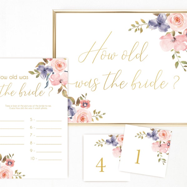 Bridal Shower Game How old was the bride, Instant Download, Blush Pink Blue Niagara Flowers, Guess the age of bride, Wedding Shower Game