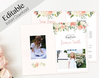 May include: A printable baptism program template with a floral design. The program includes a photo of the child being baptized, the child's name, and the text "Welcome to the Baptism of Lauren Smith".