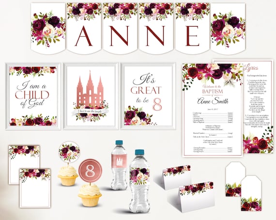 Baptism Girl Kit, Editable LDS Baptism Program, Cupcake Toppers, Water Bottle Wraps, Note Card, Poster Baptism, banner, marsala floral