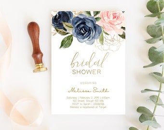 Bridal Shower Invitation, Editable Navy Gold Dusty Rose Floral Bridal Shower invitation, Printable Bridal Shower Invitation, Corjl