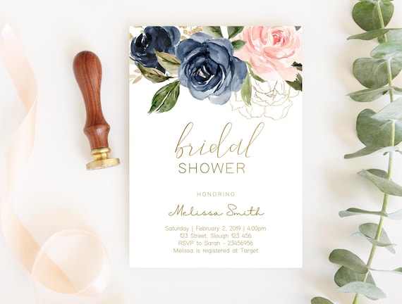 Bridal Shower Invitation, Editable Navy Gold Dusty Rose Floral Bridal Shower invitation, Printable Bridal Shower Invitation, Corjl