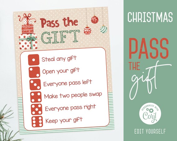 Christmas Gift Exchange game, Editable Christmas Pass the Gift Game, Christmas Template, Holiday party games, Christmas printable, Corjl