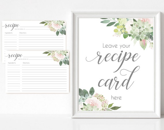 Recipe Cards Bridal Shower, Recipe Sign, Recipe Card Printable, Succulents Greenery Pink Flower, Recipe Card Floral INSTANT DOWNLOAD