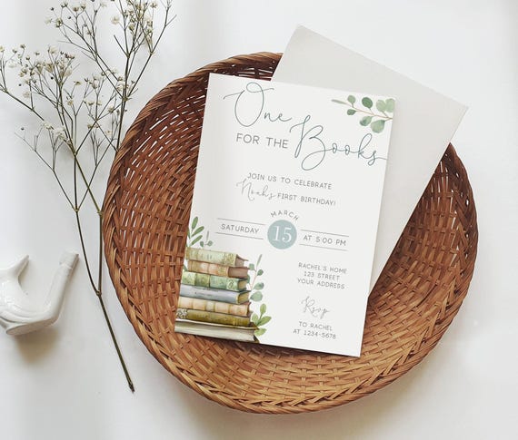 One for the Books invitation, First Birthday Editable Birthday Invitation Template, 1st Birthday Party Book Invite, Corjl, BM25