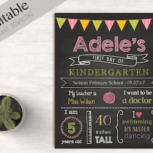 First Day of School Chalkboard Print, Editable Text, DIY, Art Print, Chalkboard Sign, Kindergarten, Grade School, INSTANT DOWNLOAD