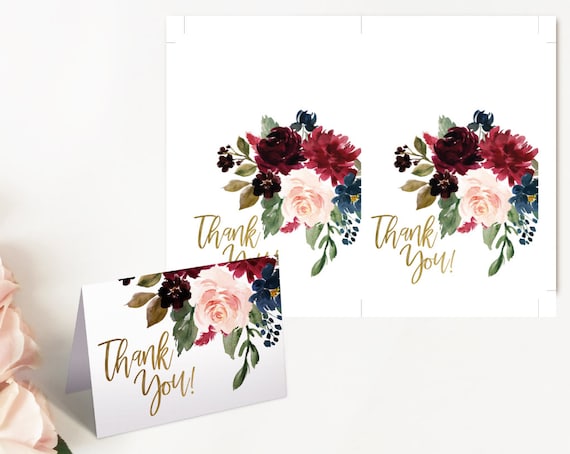 Bridal Shower Thank you Card, Thank you Card Printable, Blue Navy Marsala Burgundy Blush and Gold Thank you Card, Folded Card, Tent Card