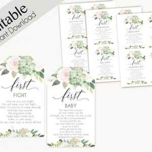 May include: A set of printable cards with a watercolor floral design. Each card features the text "first" followed by a milestone, such as "first fight", "first baby", and "first house".