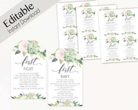 Editable Wine Tags with Poems for Wedding, Marriage Milestone Wine Basket Tag template, Succulent Greenery Blush Rose Flower, wine poem tags