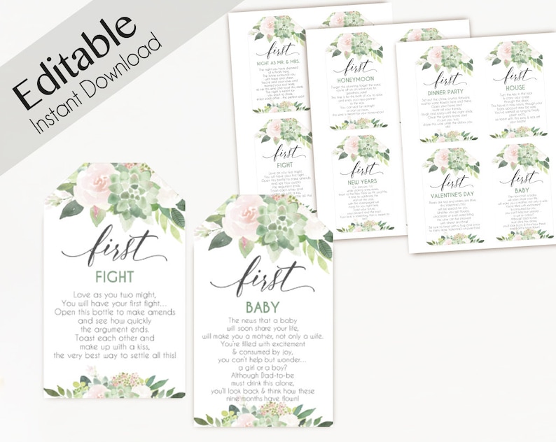 May include: A set of printable cards with a watercolor floral design. Each card features the text "first" followed by a milestone, such as "first fight", "first baby", and "first house".