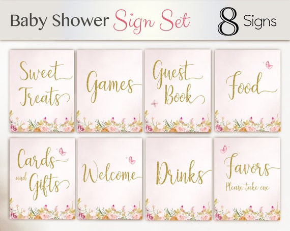 Baby Shower Sign Set, Baby Shower Sign Package Set Bundle , Printable Baby Sign, Butterfly Sign, Floral Sign, Baby Shower Gold Pink