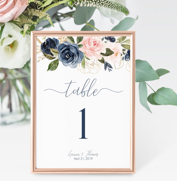 Editable Table Number, Table Number Template, Table Numbers sign, navy dusty rose blush gold, Editable PDF, Instant Download