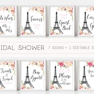 Sign Paris Themed Bridal Shower, Bridal Shower Sign Package Bundle, French Decor Eiffel Tower Romantic Blooms Rose Floral Sign, French Theme