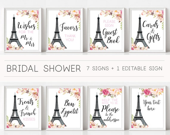 Sign Paris Themed Bridal Shower, Bridal Shower Sign Package Bundle, French Decor Eiffel Tower Romantic Blooms Rose Floral Sign, French Theme