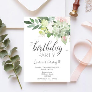 Invitación a fiesta de cumpleaños suculenta, rosa polvorienta suculenta editable, invitación a fiesta de cumpleaños, invitación a fiesta imprimible, Corjl