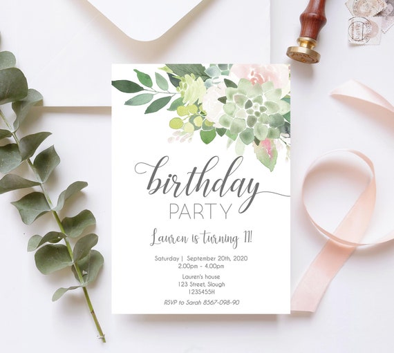 Succulent Birthday Party Invitation, Editable Succulent Dusty Rose, Birthday Party invitation, Printable Party Invitation, Corjl