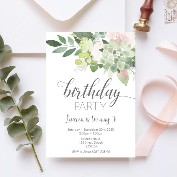 Succulent Birthday Party Invitation, Editable Succulent Dusty Rose, Birthday Party invitation, Printable Party Invitation, Corjl