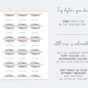 May include: Printable digital download of 18 editable floral wedding favor tags with purple flowers and text that says "your text here".