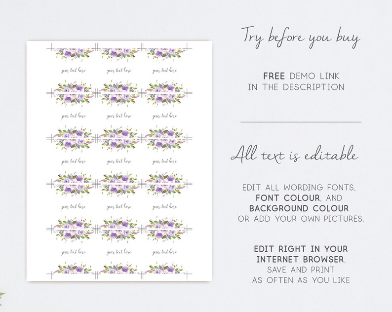 May include: Printable digital download of 18 editable floral wedding favor tags with purple flowers and text that says "your text here".