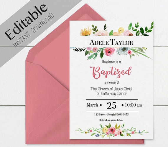 Baptism Invitation Girl Editable file, Editable PDF, Instant Download, Girl Invitation flowers, LDS Baptism Invite, No Photo Needed