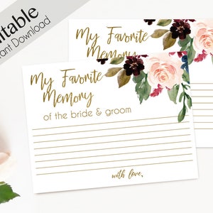 Carte mémoire préférée, carte mémoire modifiable de douche nuptiale imprimable, ma mémoire avec la mariée et le marié, bleu marine Marsala Bourgogne Blush or