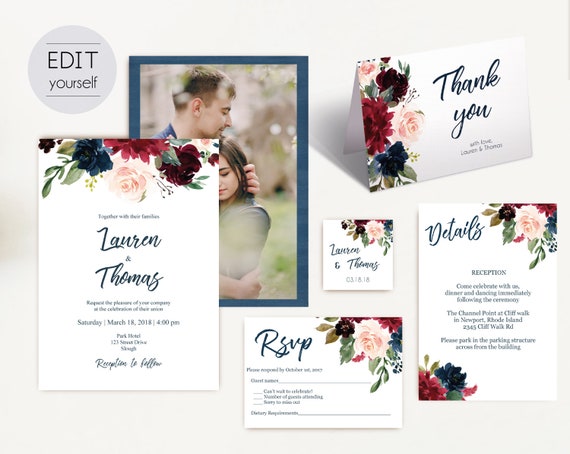 Wedding Invitation Template Navy, with photo picture, Wedding Invite Set, Wedding Invitation Suite Blue Navy Marsala Burgundy Blush