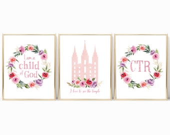 LDS Digital Print, Set of 3 print, I am a Child of God, lds Temple, ctr, Instant Download, pink lilac flowers, Girl Wall Decor, Girl Baptism